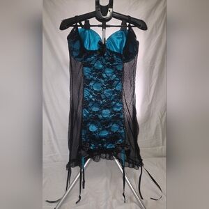 Dreamgirl Teal Satin Chemise with Black Lace Accents